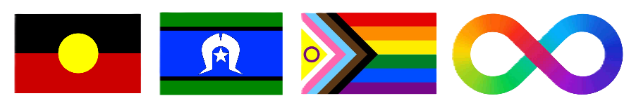 Aboriginal, Torres Strait Islander, LGBTQIA+, and Autism infinity alliance logos